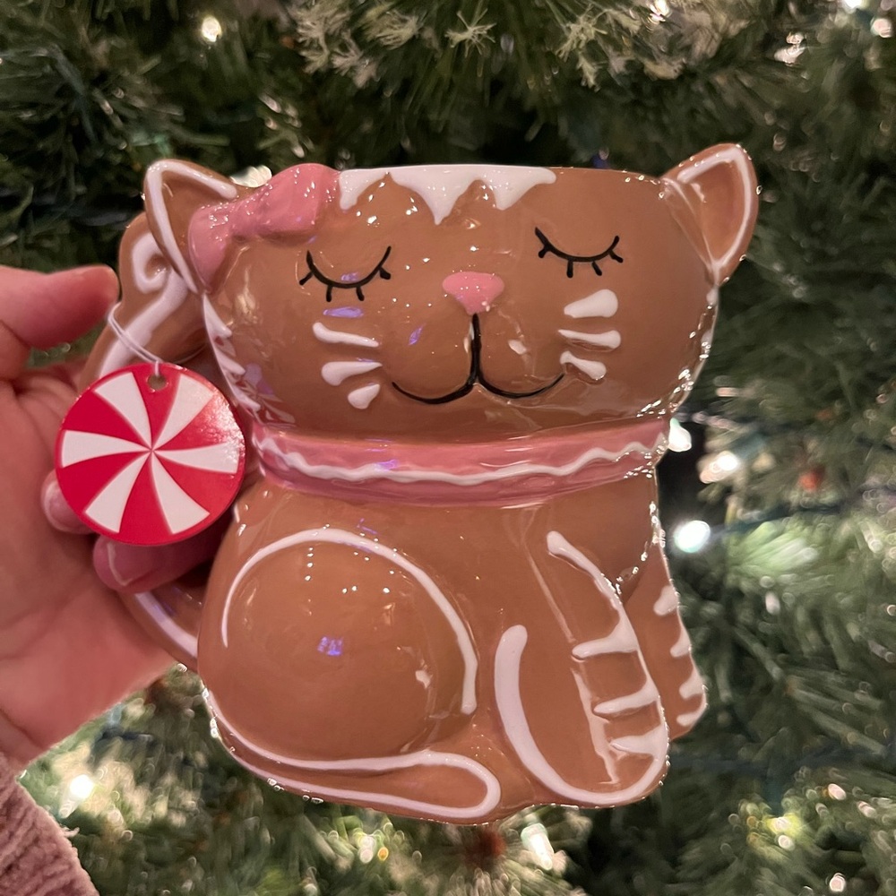 Cute Gingerbread Cat Mug with Pink Bow